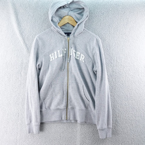 Tommy Hilfiger Womens L Full Zip Hoodie Gray Sweatshirt Spellout Logo Y2K - Picture 1 of 7